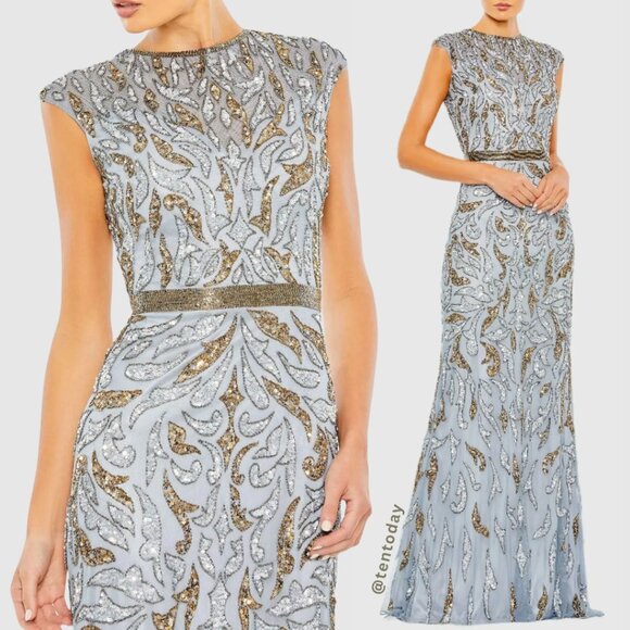 Mac Duggal 5532 Size 8 Blue Gold Beaded Sequined Column Gown Long Maxi Dress - Picture 1 of 6